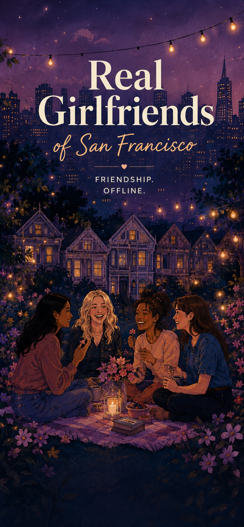 Vertical illustrated mobile cover for Real Girlfriends of San Francisco, with women sitting together under string lights, flowers, Painted Ladies, and a glowing San Francisco skyline.